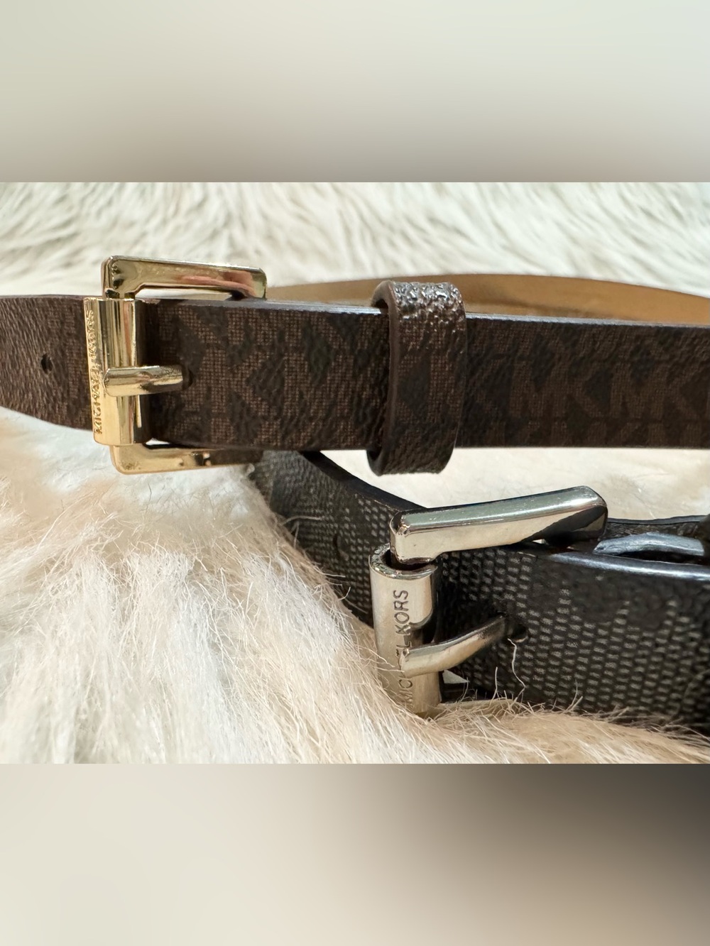 Ladies Michael Kors TWO Faux Leather Narrow Logo Belts Brown Black Size L NWOT